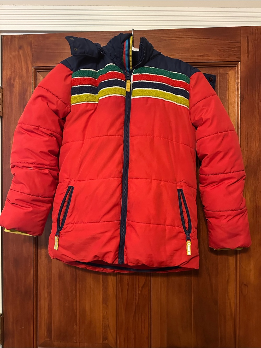 Red Kids Puffer Jacket with Striped Yoke